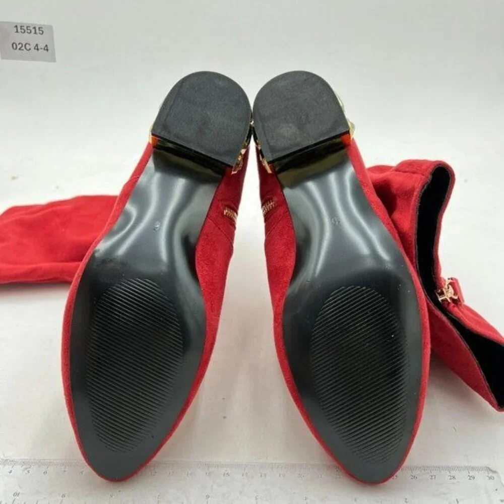 XYD Red Knee High Boot Rhinestone Side Zip Up Almond Toe Wide Calf Shoes